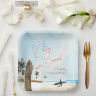 Baby on Board Surfboard Beach Pink Baby Shower Paper Plate