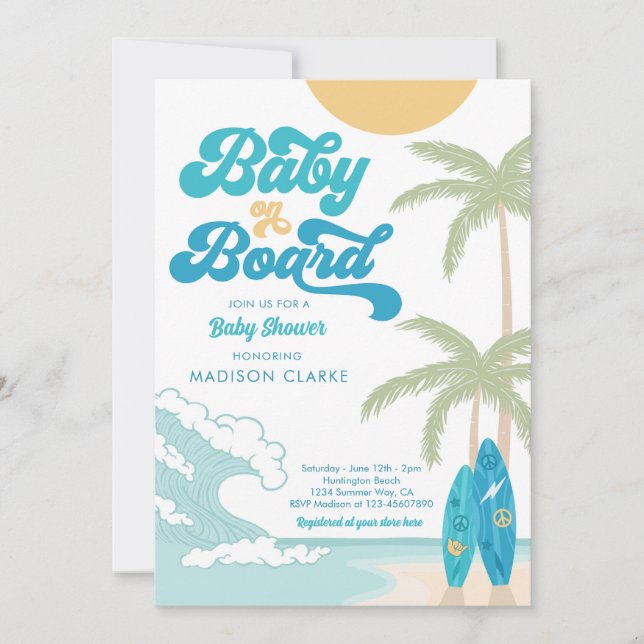 Baby on Board Surfboard Beach Retro Baby Shower Invitation (Front)