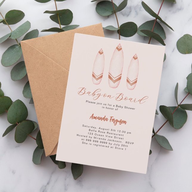 Baby on Board surfboard beige brown Baby Shower Invitation (Creator Uploaded)
