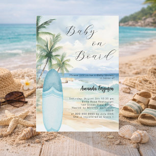 Baby on Board surfboard blue boy beach Baby Shower Invitation