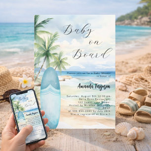 Baby on Board surfboard blue boy beach Baby Shower Invitation