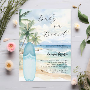 Baby on Board surfboard blue boy beach Baby Shower Invitation