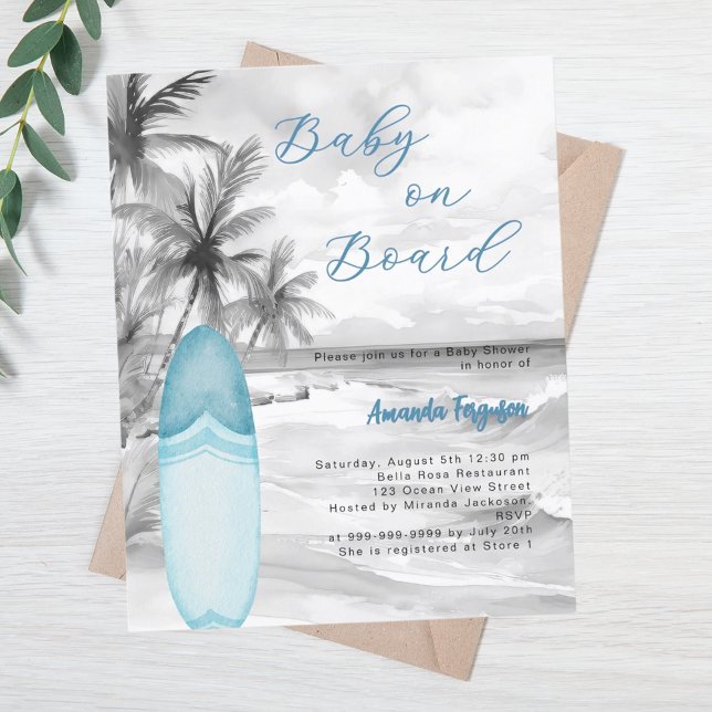 Baby on Board surfboard blue boy retro Baby Shower (Creator Uploaded)