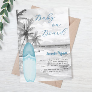 Baby on Board surfboard blue boy retro Baby Shower Invitation