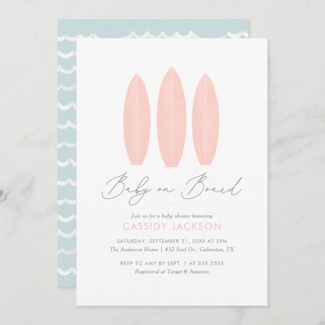 Baby on Board Surfboard Girl Baby Shower Invitation (Front/Back)