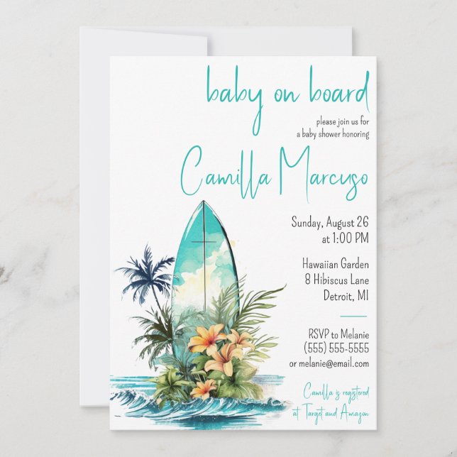 Baby on Board, Surfboard, Palm Tree Baby Shower Invitation (Front)