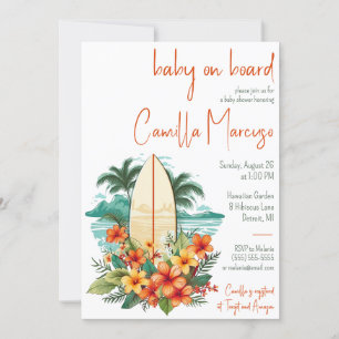 Baby on Board, Surfboard, Palm Tree Baby Shower Invitation