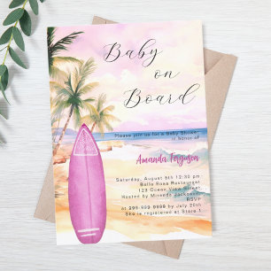 Baby on Board surfboard pink girl Baby Shower Invitation
