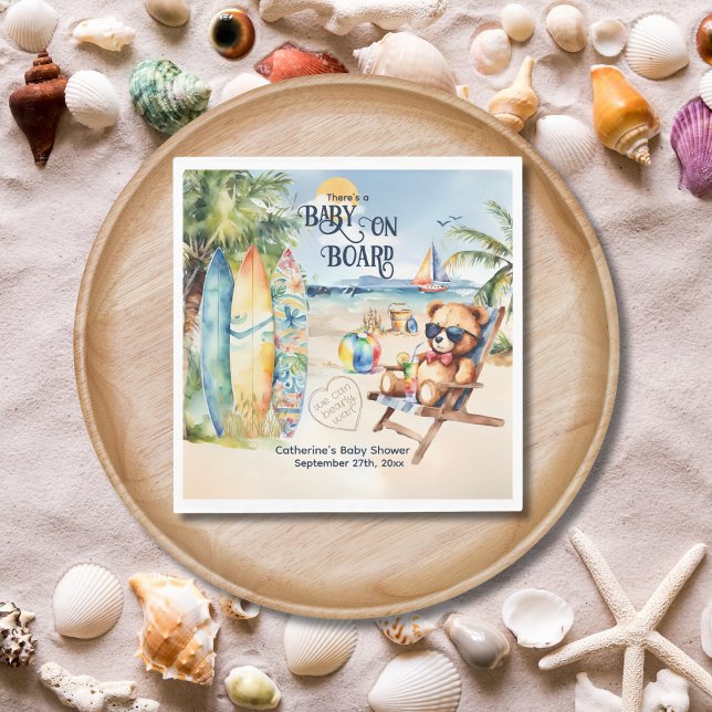 Baby On Board Surfboard Teddy Bear Baby Shower Napkin (Creator Uploaded)