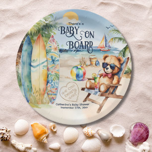 Baby On Board Surfboard Teddy Bear Baby Shower Paper Plate