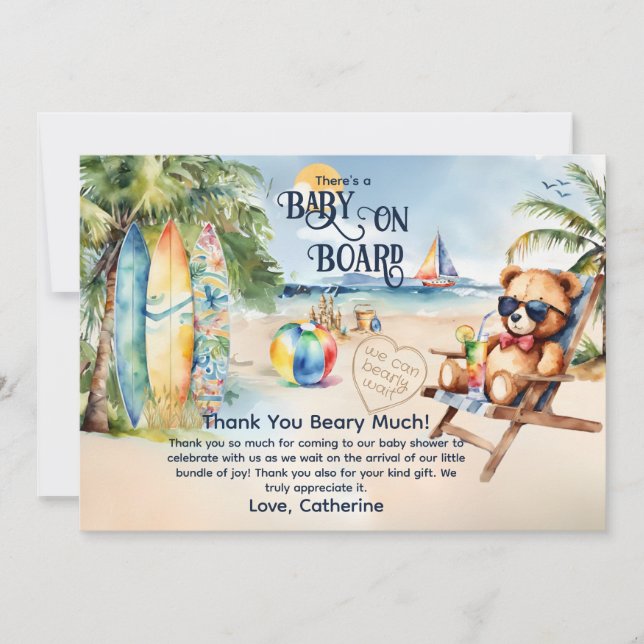 Baby On Board Surfboard Teddy Bear Baby Shower Thank You Card (Front)