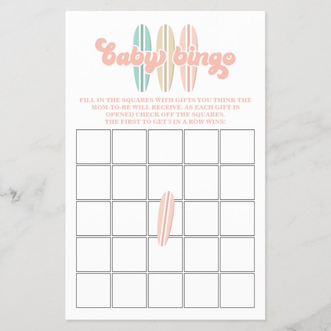 Baby on Board Surfing Baby Shower Bingo Flyer (Front)