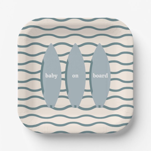 "Baby On Board" Surfing Baby Shower Ocean Theme Paper Plate (Front)