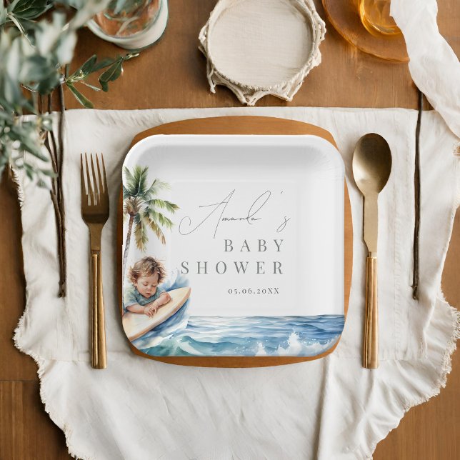 Baby on Board, surfing Baby Shower Paper Plate (Creator Uploaded)
