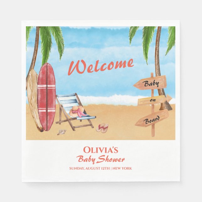 Baby On Board Surfing  Baby Shower Welcome Napkin (Front)