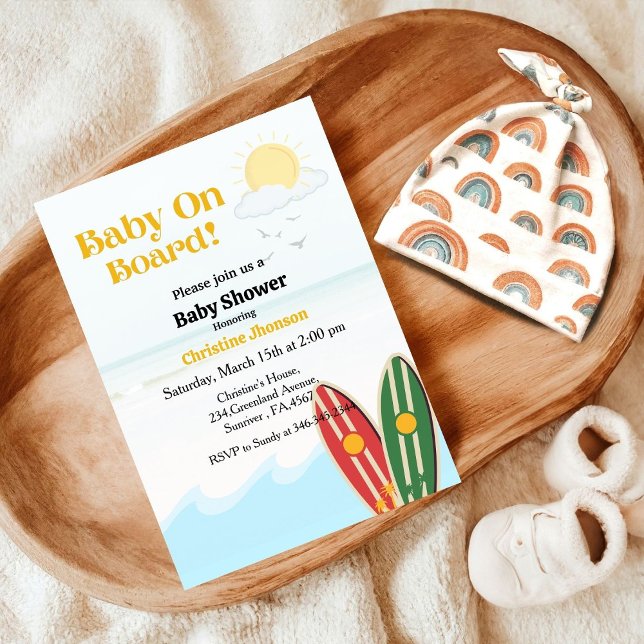 Baby on board surfing beach baby shower invitation (Creator Uploaded)