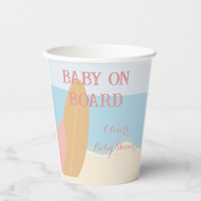 Baby on Board Surfing Beach Baby Shower  Paper Cups (Front)