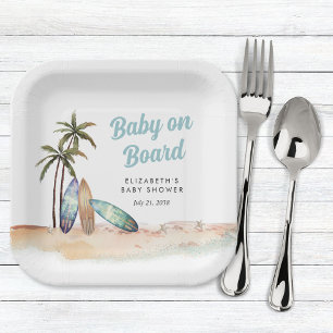 Baby On Board Surfing Beach Baby Shower Paper Plate