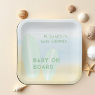 Baby On Board Surfing Beach Watercolor Baby Shower Paper Plate