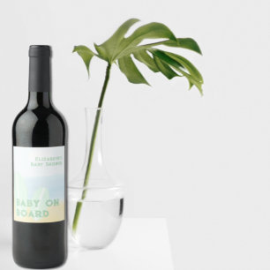 Baby On Board Surfing Beach Watercolor Baby Shower Wine Label