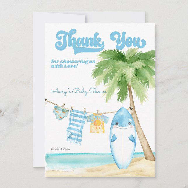 Baby on Board Surfing Boy Baby Shower Thank You Card (Front)