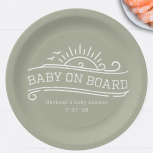 Baby On Board Surfing Green Baby Shower Paper Plate