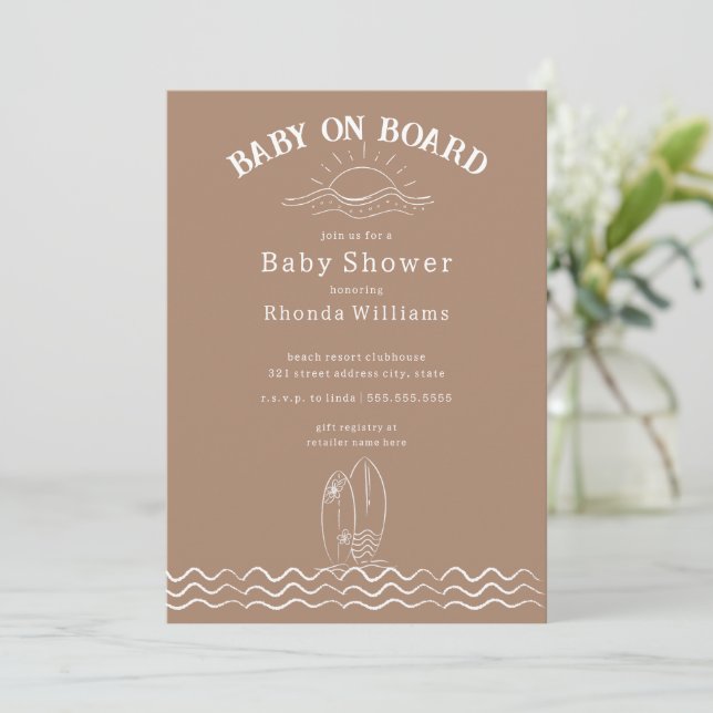 Baby On Board Surfing Green Beach Baby Shower Invitation (Standing Front)