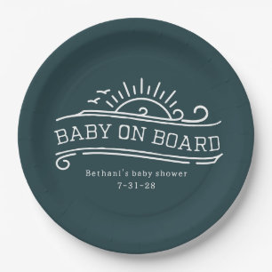 Baby On Board Surfing Slate Blue Baby Shower Paper Plate
