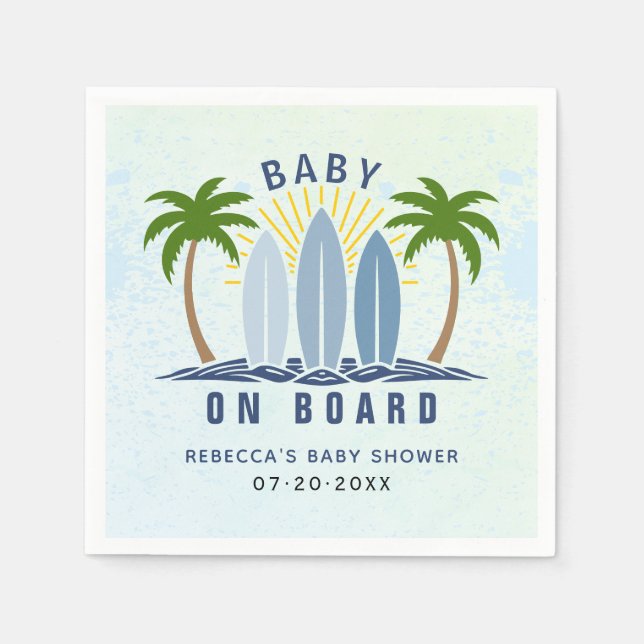 Baby on board surfing splash blue baby boy shower napkin (Front)