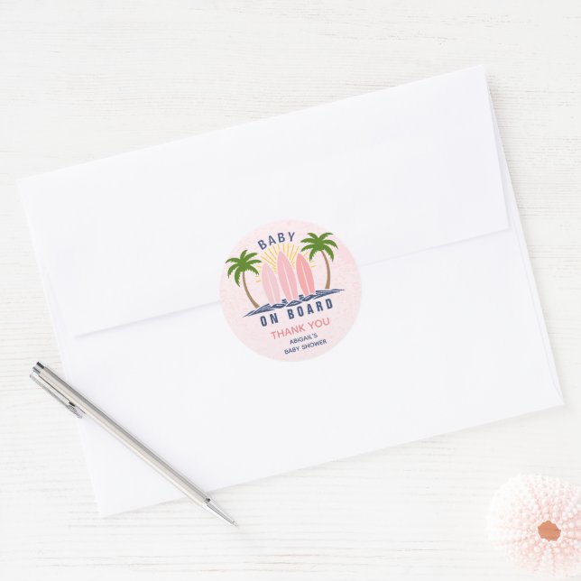 Baby on board surfing splash pink baby girl shower classic round sticker (Envelope)