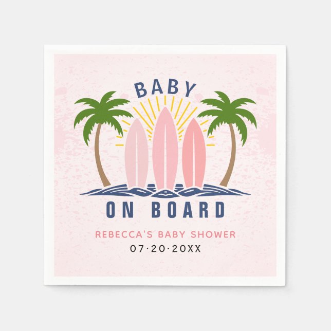 Baby on board surfing splash pink baby girl shower napkin (Front)