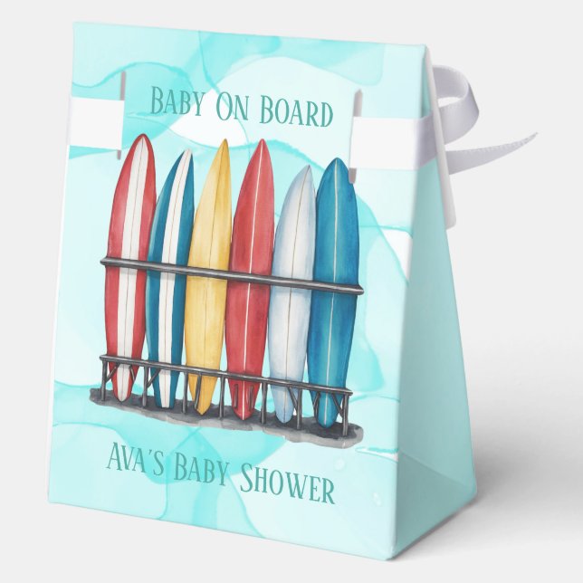Baby On Board Surfing Teal Baby Shower Gift Favour Box (Back)