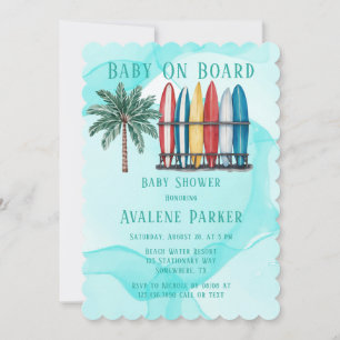 Baby On Board Surfing Teal Baby Shower Invitation