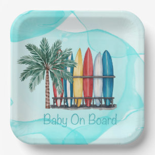 Baby On Board Surfing Teal Baby Shower Paper Plate
