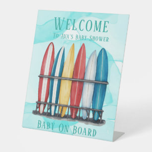Baby On Board Surfing Teal Baby Shower Welcome  Pedestal Sign