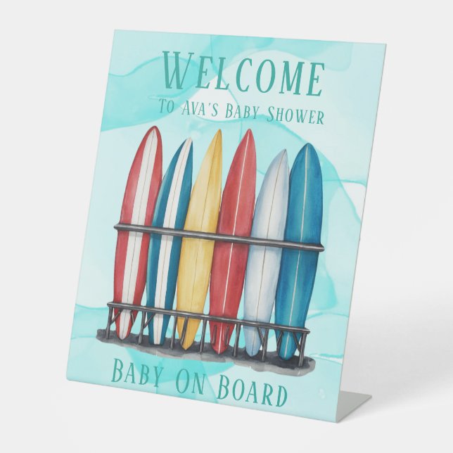 Baby On Board Surfing Teal Baby Shower Welcome  Pedestal Sign (Front)