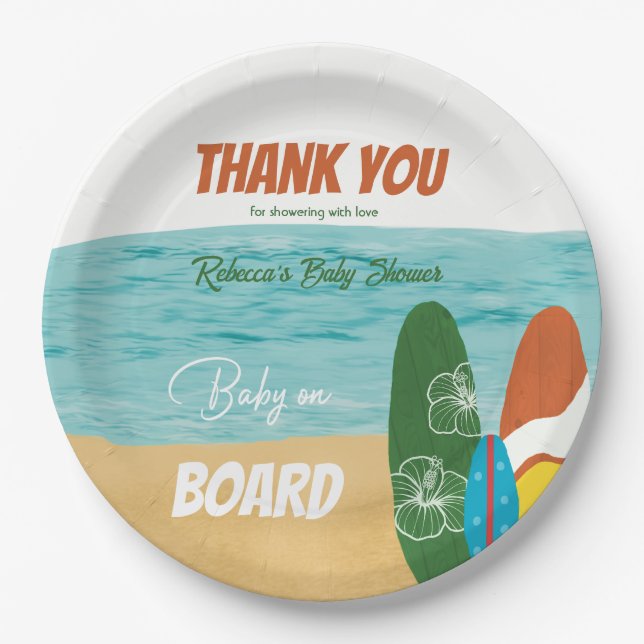 Baby on Board Surfing Tropical Beach Baby Shower Paper Plate (Front)