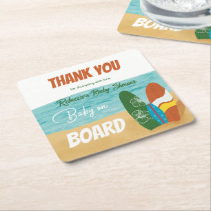Baby on Board Surfing Tropical Beach Baby Shower Square Paper Coaster