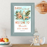 Baby on Board Tropical Surf Neutral Baby Shower Poster<br><div class="desc">Gender neutral baby shower invitation design which works great for a boy or girl. Features a boho tropical exotic botanical surfer scene with a summer surfboard surfing theme including hibiscus floral and monstera and palm greenery. Design has an ocean beach town vibe in shades of peach, blush pink, terracotta and...</div>