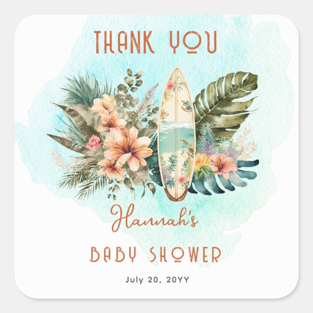 Baby on Board Tropical Surf Neutral Baby Shower Square Sticker (Front)