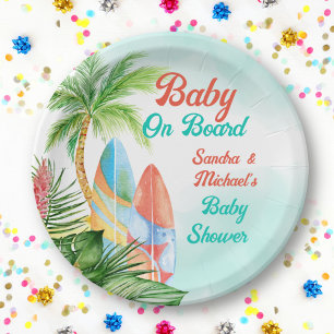 Baby on board tropical surfing baby shower custom paper plate