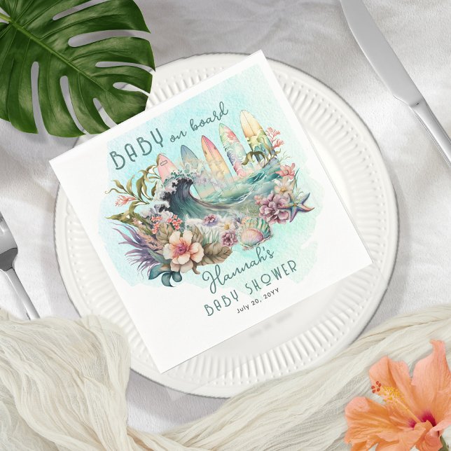 Baby on Board Tropical Surfing Floral Baby Shower Napkin (Creator Uploaded)