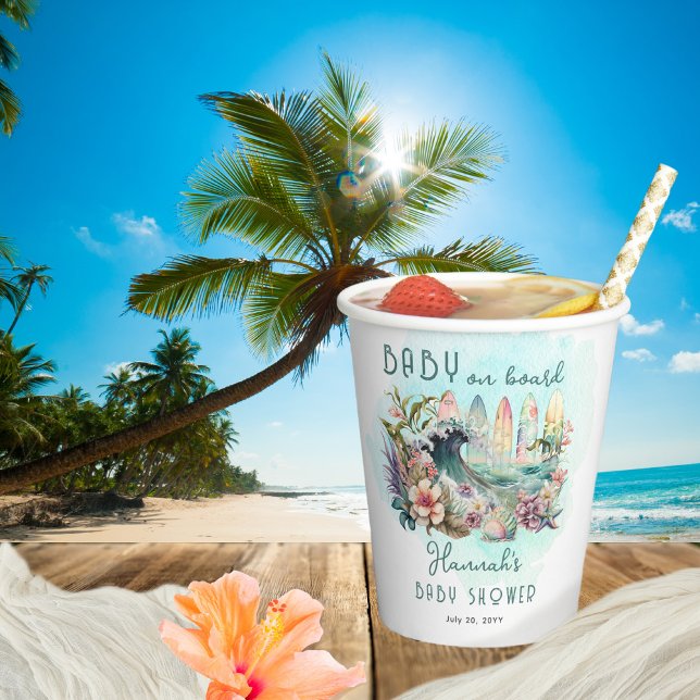 Baby on Board Tropical Surfing Floral Baby Shower Paper Cups (Creator Uploaded)