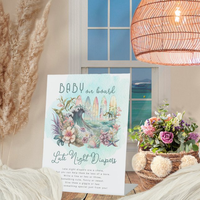 Baby on Board Tropical Surfing Late Night Diapers Pedestal Sign (Creator Uploaded)