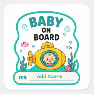 🚤 Baby On Board Underwater Baby Shower Name 🚤 Square Sticker