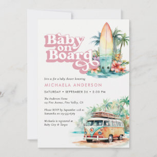 Baby On Board Watercolor Beach Surf Baby Shower Invitation