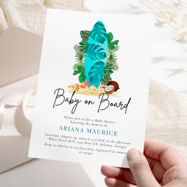Baby on Board Watercolor Surfboard Baby Shower Invitation (Creator Uploaded)