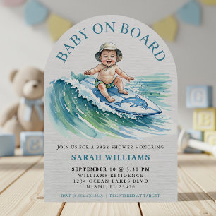 Baby on Board Watercolor Surfing Baby Shower Invitation
