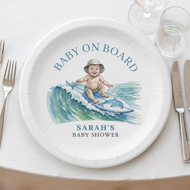 Baby on Board Watercolor Surfing Baby Shower Paper Plate (Baby on Board Watercolor Surfing Baby Shower Paper Plates
)