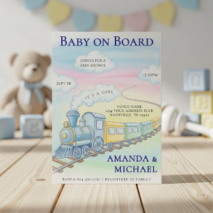 Baby on Board Watercolor Train Baby Shower Invitation